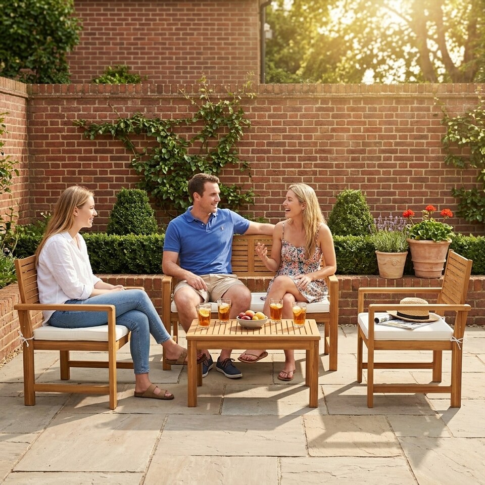 image 1 of Outsunny 4 Seater Wooden Garden Furniture Set with Loveseat, Chairs, Table | Cream | Cream White | Four Seater