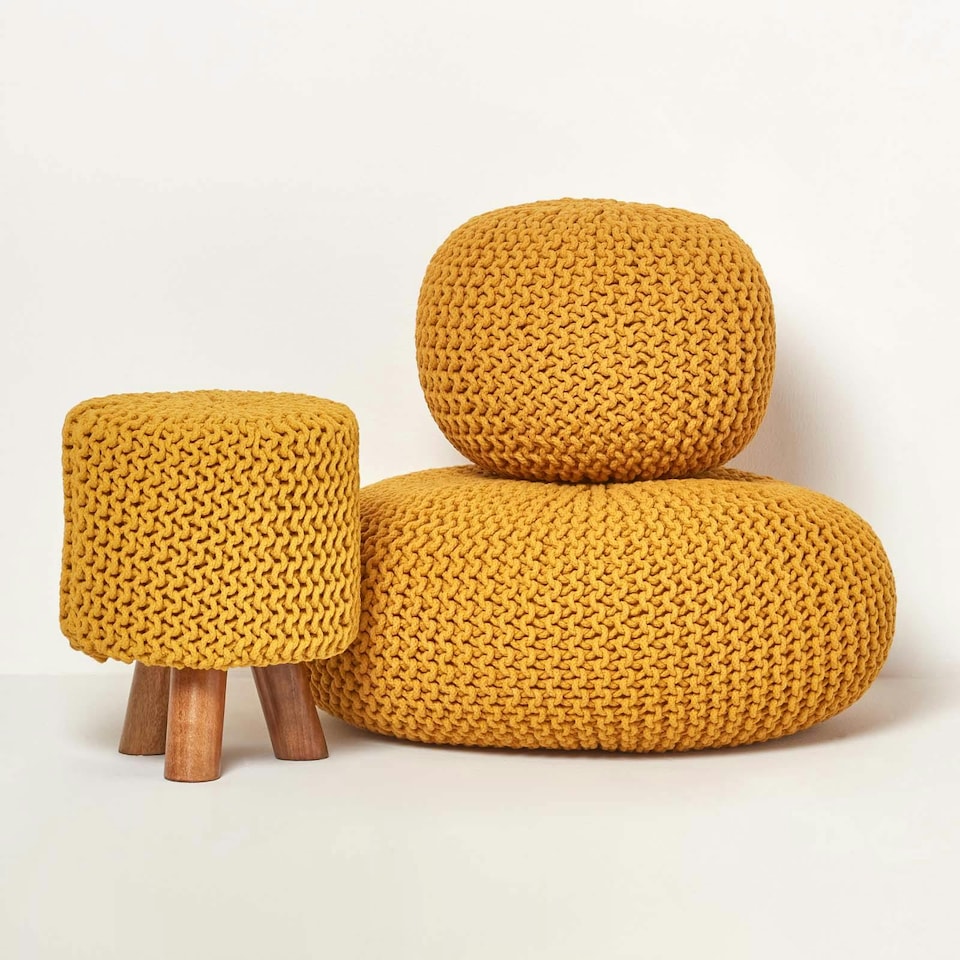 image 1 of Homescapes Mustard Round Cotton Knitted Pouffe Footstool - 35 x 40 cm | Yellow | H 35cm x W 40cm
