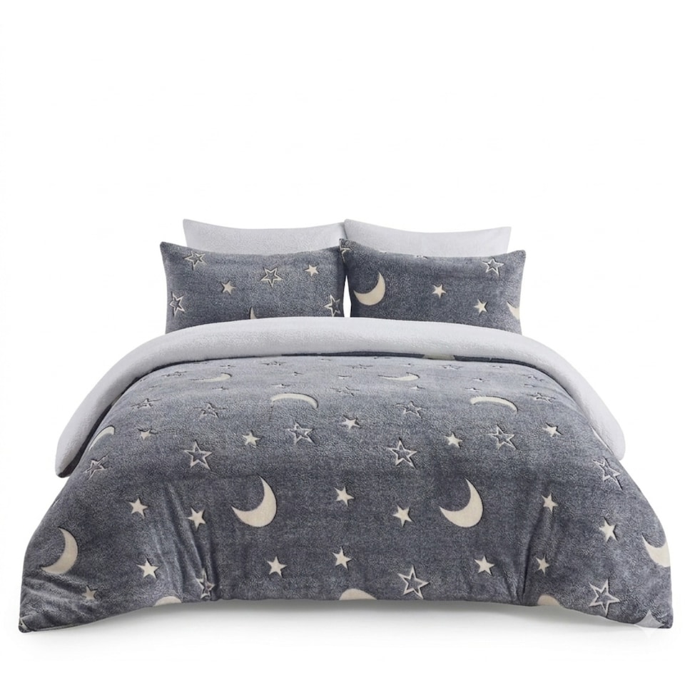 image 1 of Glow in the Dark Teddy Moon And Stars Design Bedding Cute Kids Duvet Set | Grey | Single