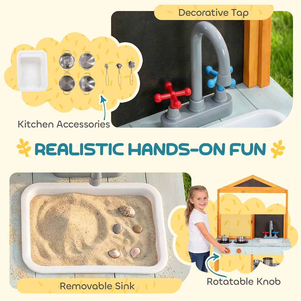 image 1 of AIYAPLAY Wooden Mud Kitchen for Kids with Removable Sink, Cookware, Shelves