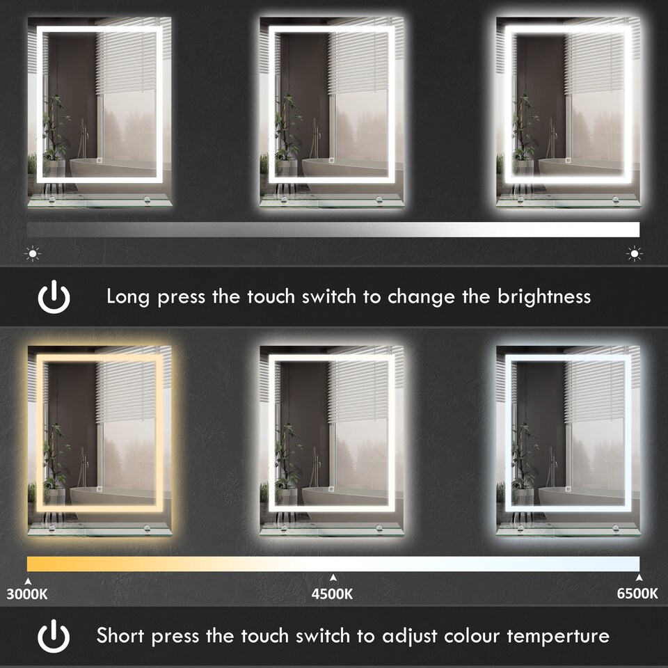image 1 of kleankin Dimmable Bathroom Mirror with Defogging Film and LED Lights, Clear