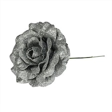 Pewter Grey Glitter Rose Artificial Flower Decoration 26cm