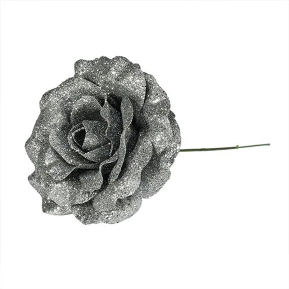 Pewter Grey Glitter Rose Artificial Flower Decoration 26cm