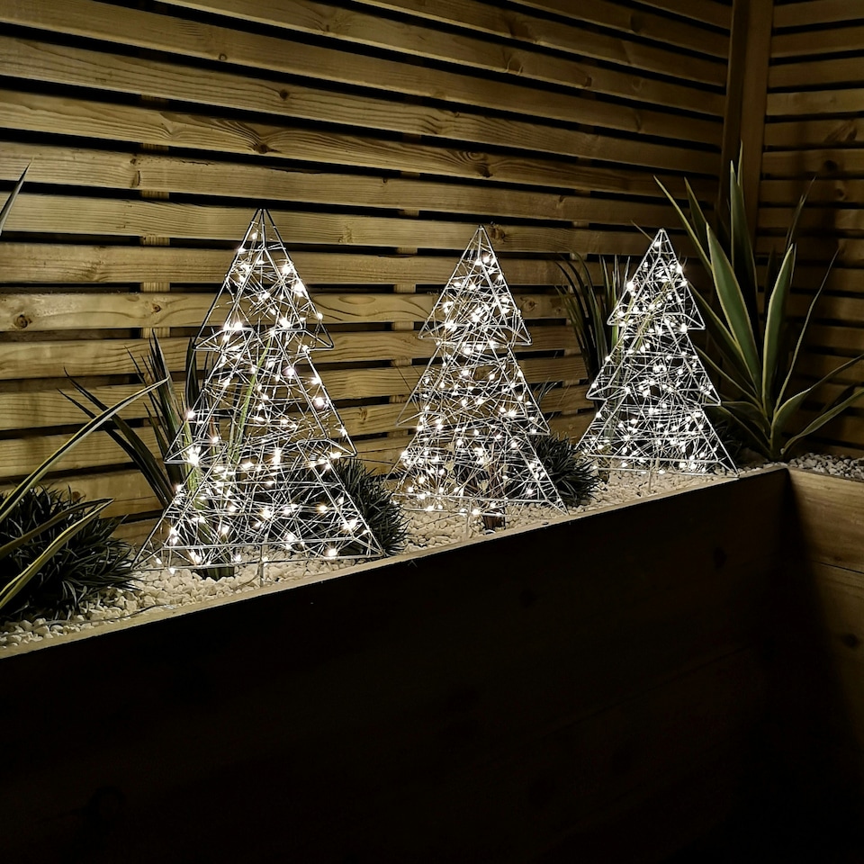 image 1 of Set of 3 50cm Light up Iron Christmas Tree Garden Stake Lights with Warm White LEDs