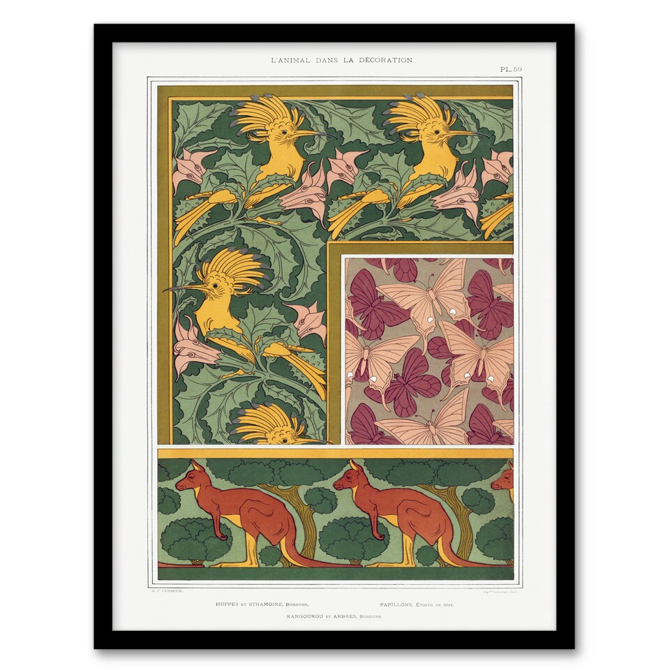 image 1 of Maurice Pillard Verneuil Framed Art Hoopoe Birds Butterflies Kangaroo Patterns