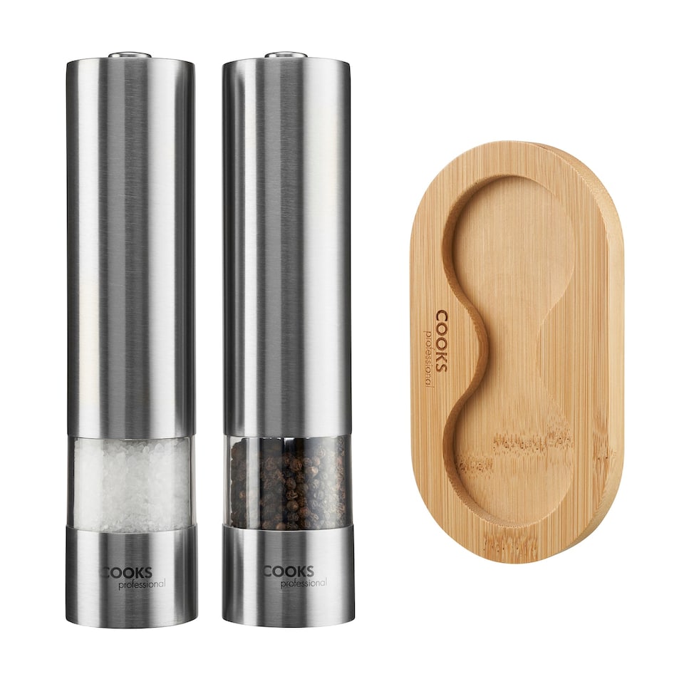 image 1 of Cooks Professional Electric Salt & Pepper Mill Set with Bamboo Base - Silver