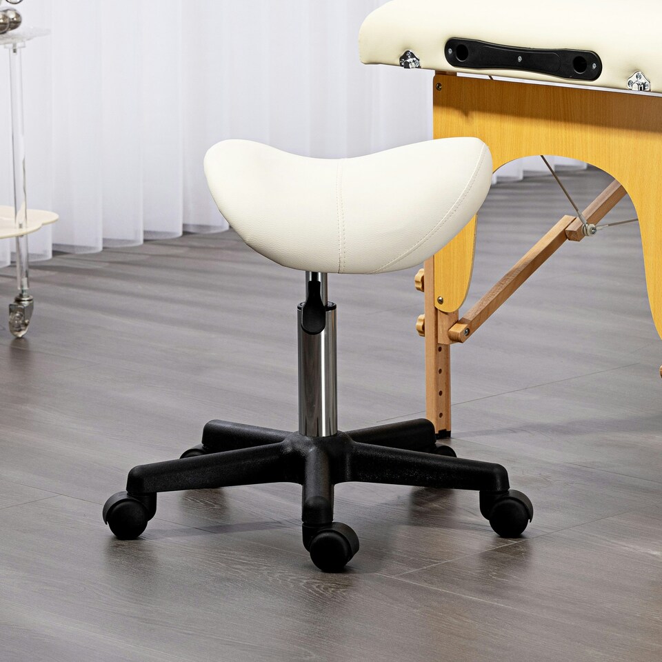image 1 of HOMCOM Saddle Stool Adjustable Rolling Salon Chair for Massage Spa Beauty White