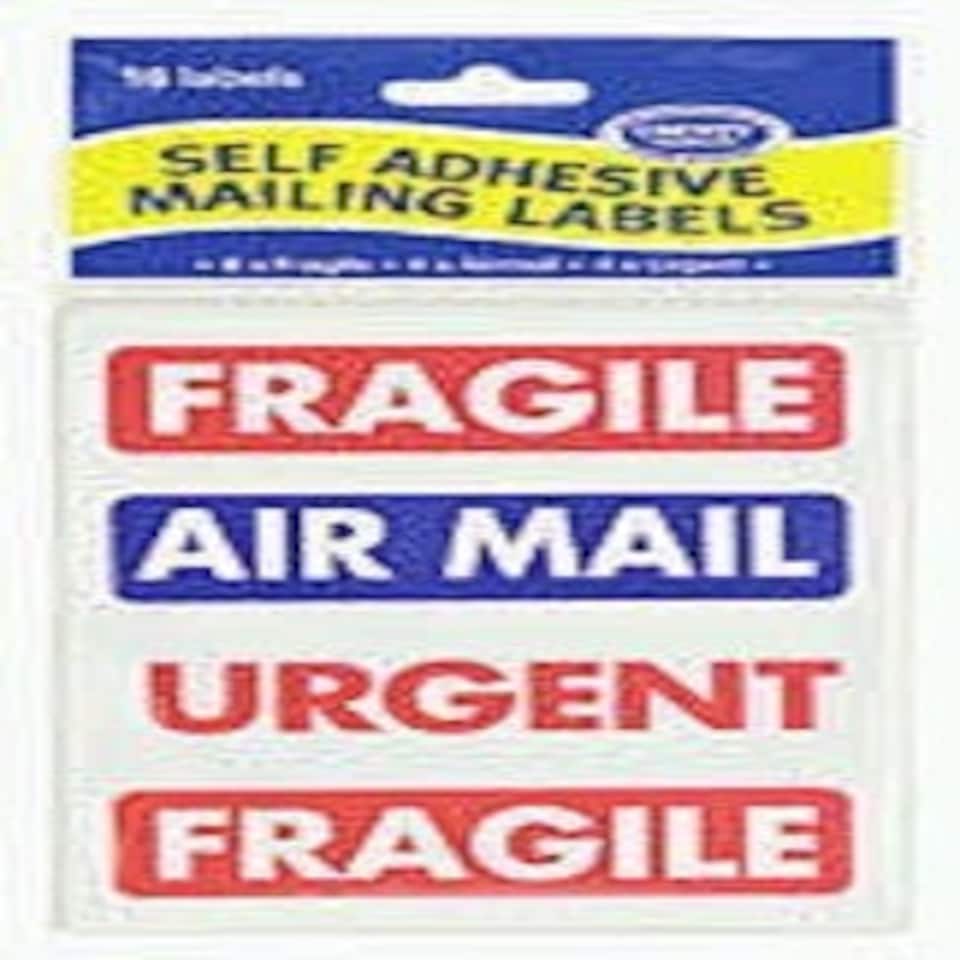 image 1 of MAILING LABELS 16 SELF ADHESIVE 95MM X 30MM 8 FRAGILE 4 AIRMAIL 4 URGENT