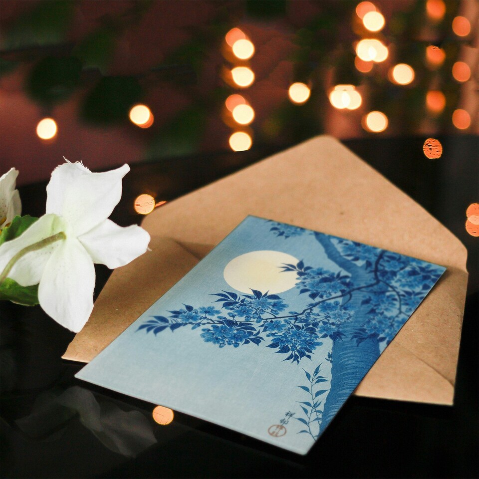 image 1 of Ohara Koson Art Card Blossoming Cherry on Moonlit Night