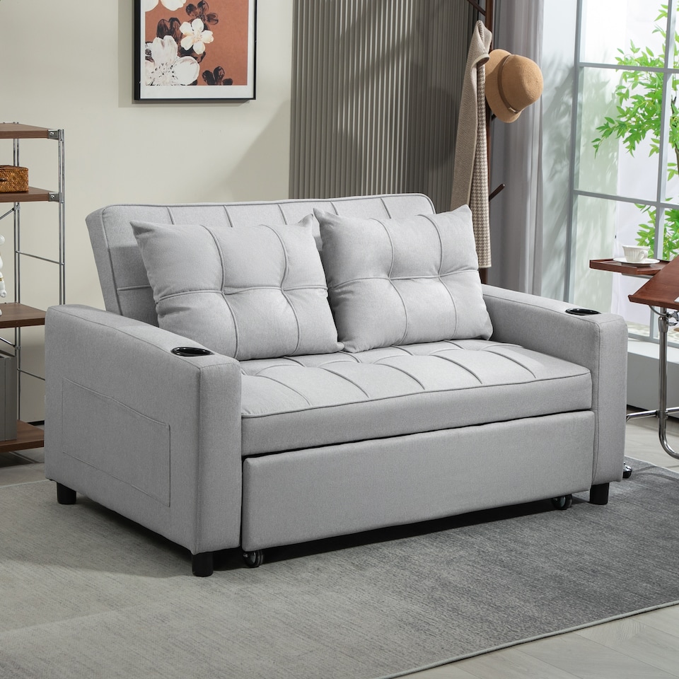 image 1 of HOMCOM 2 Seater Sofa Bed, Linen Click Clack Sleeper Sofa with Pull Out Design, 2 Pillows, Cup Holders, Side Pockets, Convertible Loveseat Bed Settee for Living Room, 157x190cm, Light Grey | Grey