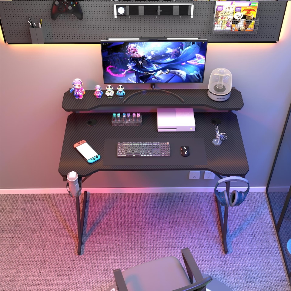 image 1 of House of Home Gaming Desk with Monitor Stand Carbon Fibre Top Black 118cm | Black | 1