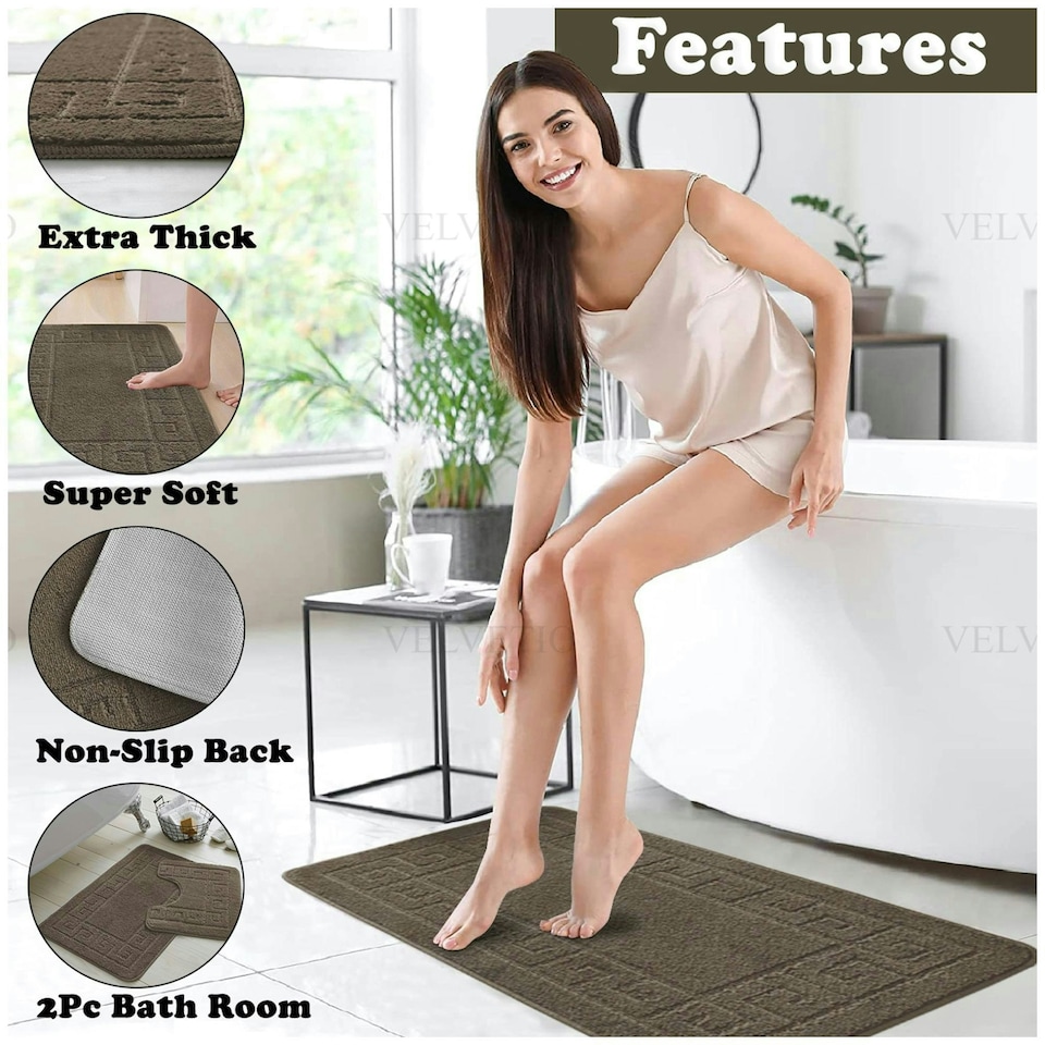 image 1 of VELVETIO Greek Bath Mat & Pedestal Mat Water Absorbent Non Slip Toilet Rugs Brown | Latte