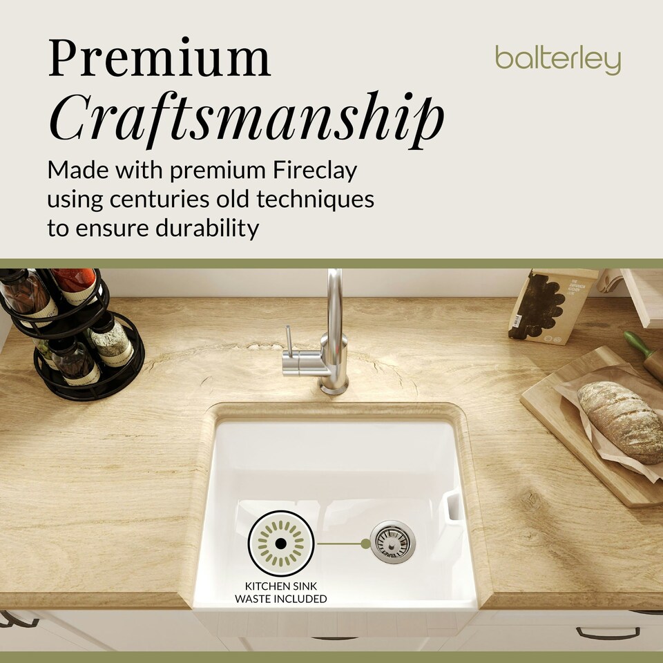 image 1 of Single Bowl Fireclay Ceramic Belfast Sink & Strainer Waste - 595mm