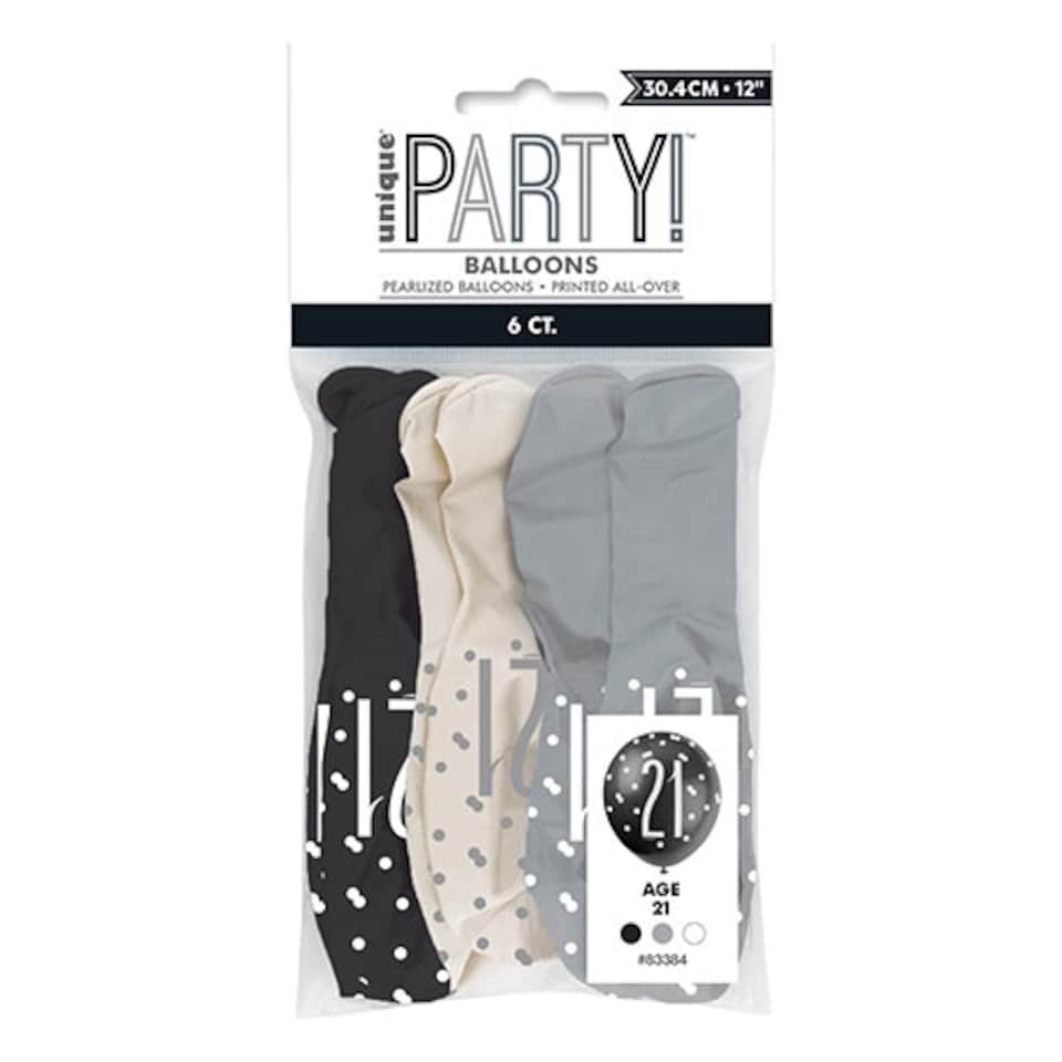 image 1 of Black Glitz Age 21 Assorted Biodegradable Latex Balloons 30cm / 12 in - Pack of 6