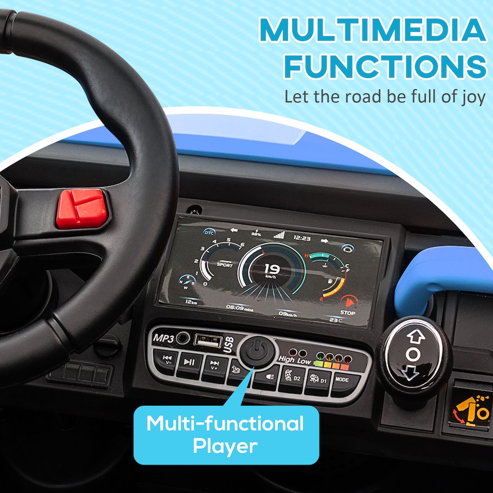 image 1 of HOMCOM Kids Ride on Car, Electric Car for Kids with Electric Bucket, 12V 2 Seater UTV with Shovel, Parental Remote, 4 Spring Suspension Wheels, Working Horn, Music - Blue