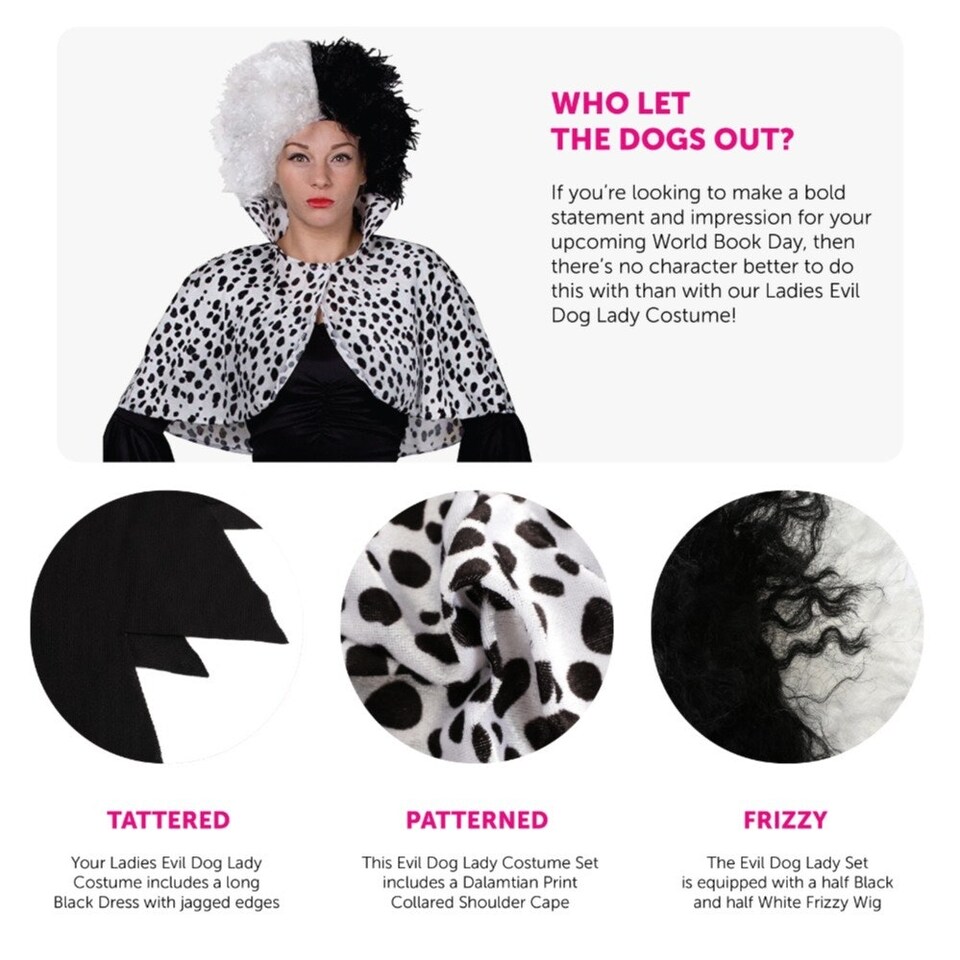 image 1 of Evil Dog Lady Costume With Shaggy Wig & Cape Black | 2XL