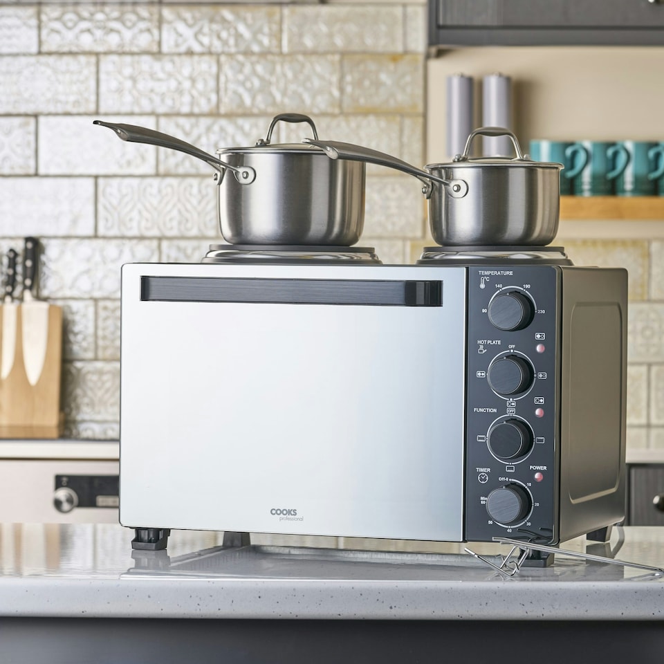 image 1 of Cooks Professional Mini Oven | 28 Litre with 2 Hobs | Powerful 3200W | Black Contemporary