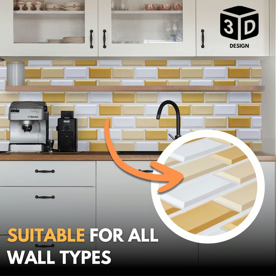 image 1 of NOVECRAFTO 3D Wall Panels – 6 PVC Sheets, Covers 2.76 sqm (29.76 sq ft), 96x48cm Each – White Subway Tile Pattern with Gold and Beige Accents