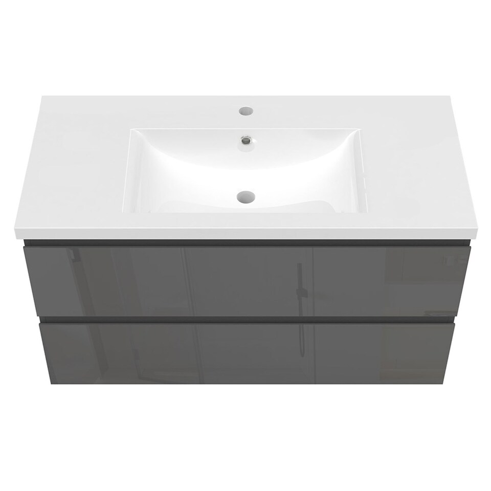 image 1 of AICA 1000mm Wall-Hung Gloss Anthracite Bathroom Vanity Unit With Integrated Sink,2 Soft-Close Drawers for Storage