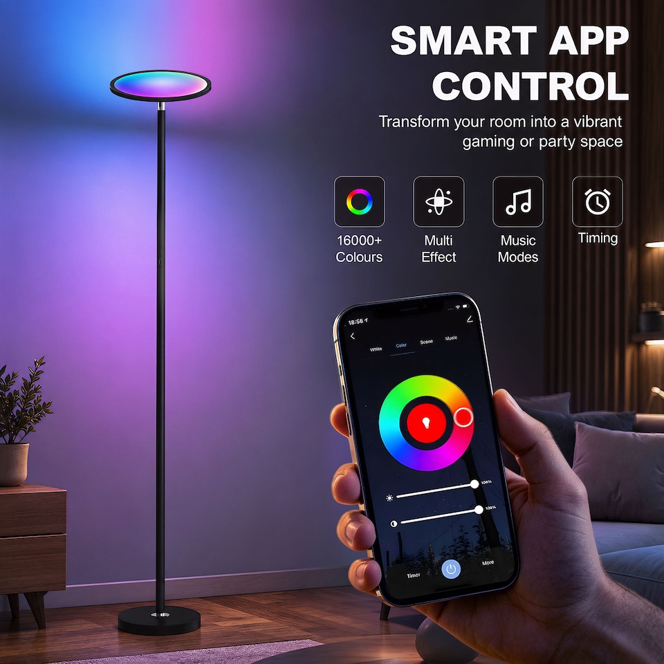 image 1 of HOMCOM Uplighter Floor Lamp with Tuya App and Music Sync for Bedroom, Black