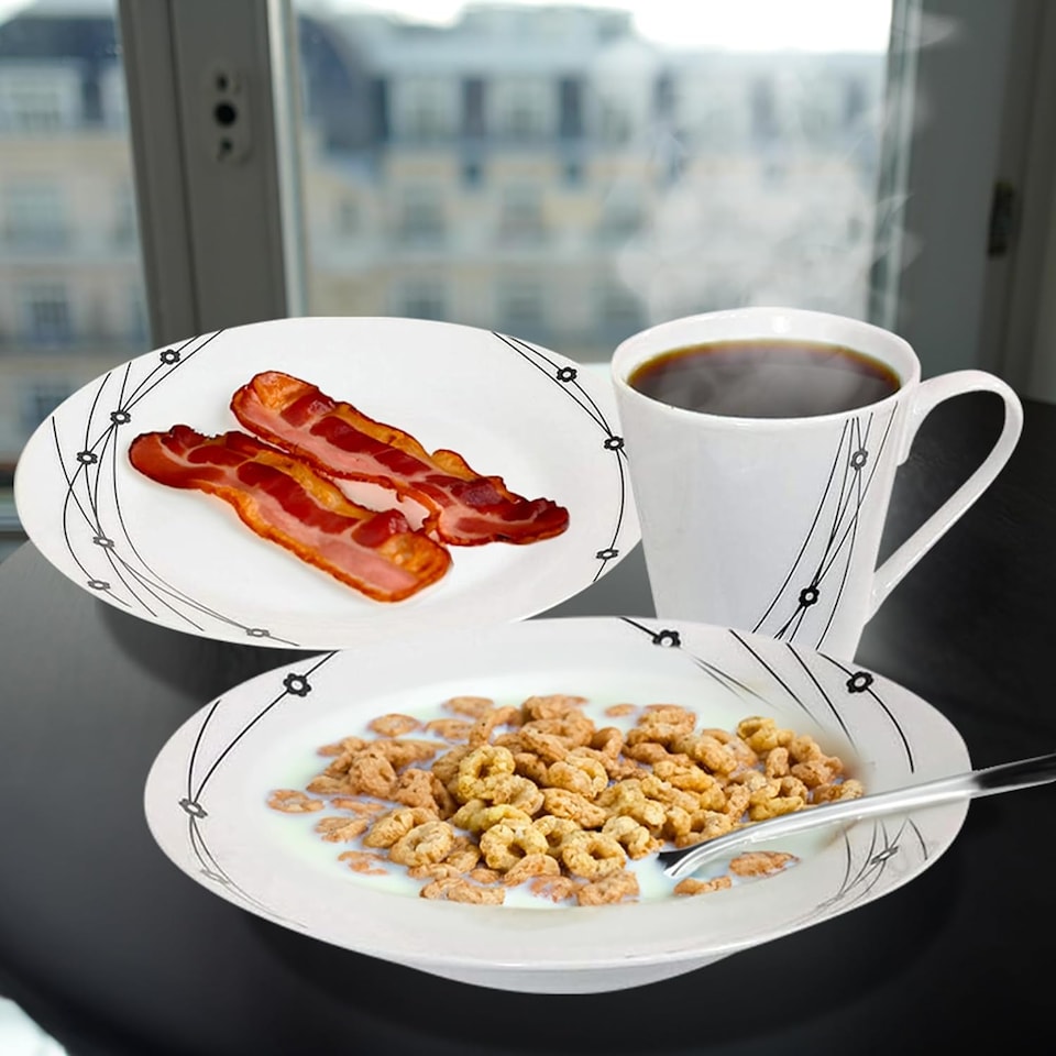 image 1 of 16pc Dinner Set Bowl Plate Mug Soup Side Dishes Porcelain Gift Kitchenware Black Pattern