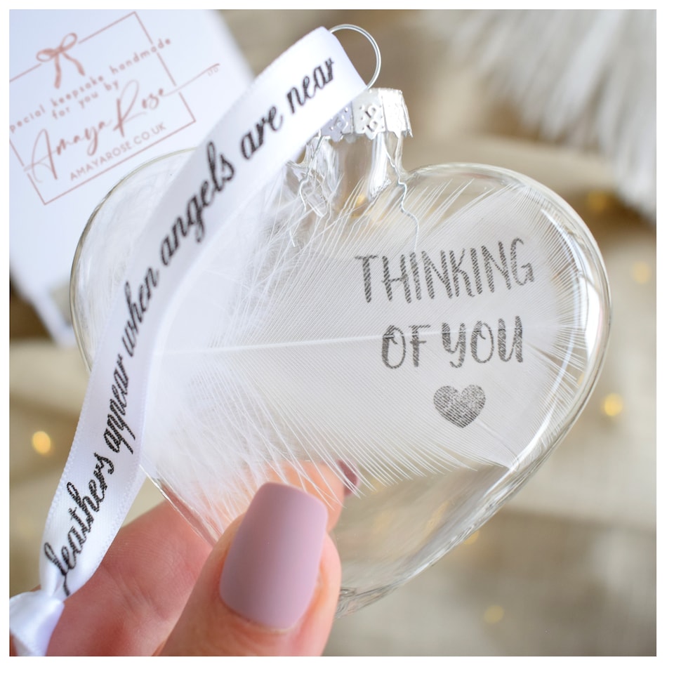 image 1 of THINKING OF YOU In Memory of Feather Heart Bauble Gift Boxed
