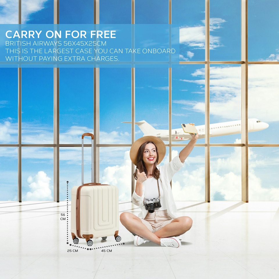 image 1 of Flight Knight Premium Hard Shell Lightweight Cabin Suitcase - 8 Spinner Wheels - Built-in TSA Lock & USB Port - easyJet Large Cabin Approved - 56x45x25cm Cream | Cream | Cabin Bag