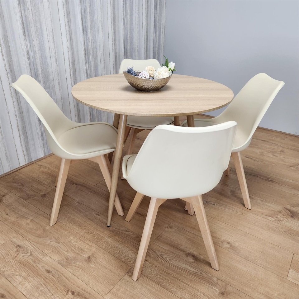 image 1 of Dining Table and 4 Chairs Round Wood Effect 4 Cream faux Leather Plastic Chairs Dining Set | Cream | One Size | 5