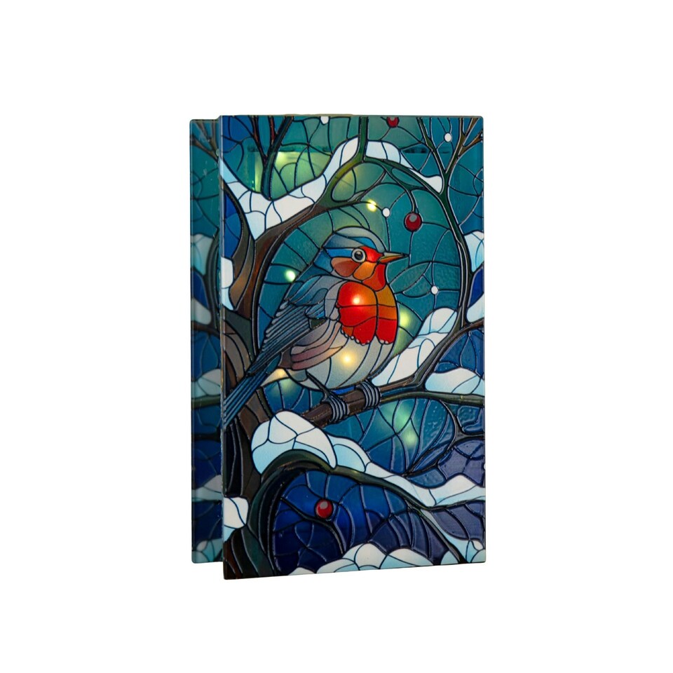 image 1 of 21cm Battery Operated Light up Stained Glass Christmas Decoration with Robin Scene & Warm White LEDs