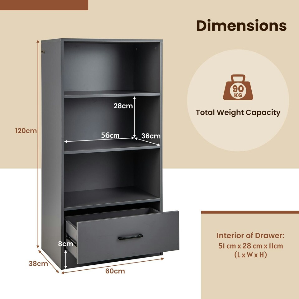 image 1 of COSTWAY 4-tier Storage Shelf Wood Bookcase Bookshelf Grey
