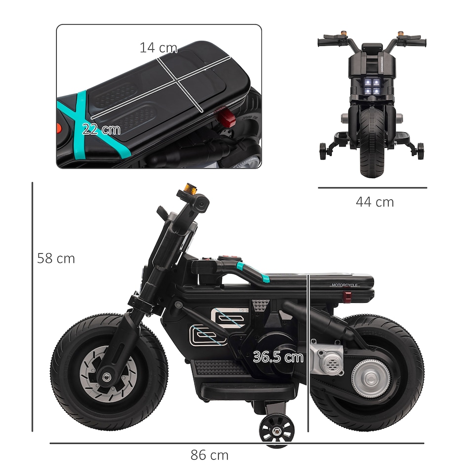 image 1 of HOMCOM 6V Kids Electric Ride On Motorcycle Vehicle with Siren, Horn, Headlights, Music, Training Wheels, for Outdoor Play, Ages 3-5 Years - Black