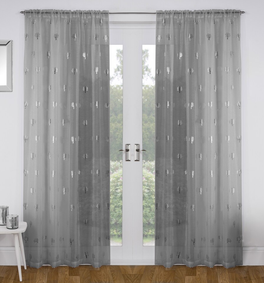 image 1 of Birch Grey Metallic Tree Print Linen-Look Voile Panel - Pair 140 x 122cm (55x48")