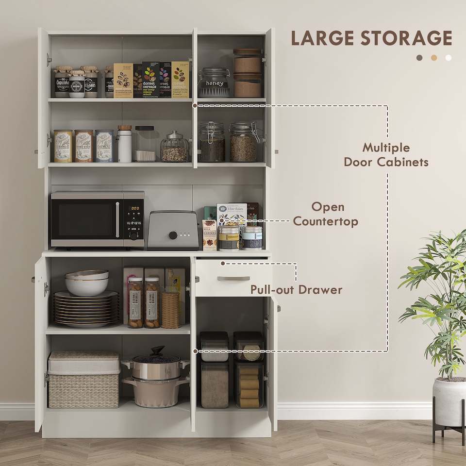image 1 of HOMCOM 180cm Tall Kitchen Cupboard, Freestanding Kitchen Storage Cabinet with 6 Doors, Drawer, Adjustable Shelves and Open Countertop for Dining Room, Cream White | Cream | Cream