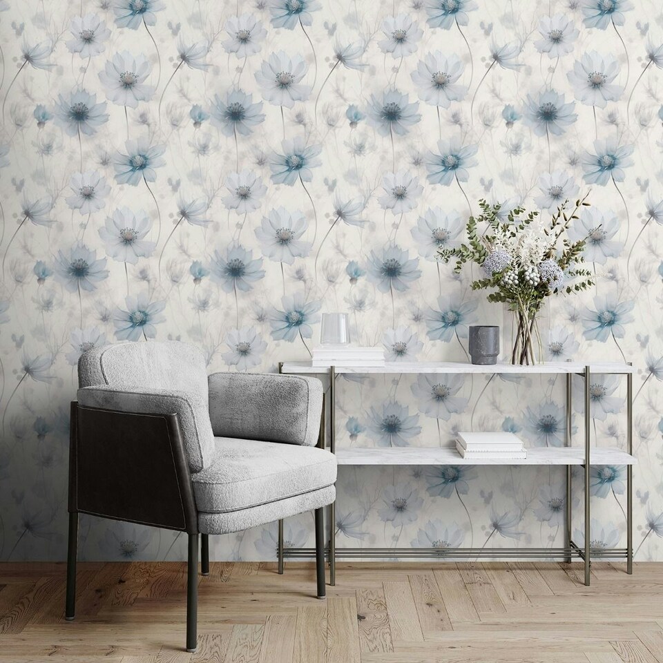 image 1 of Muriva Lissa Flowers Wallpaper - Blue - 10m x 53cm | Blue