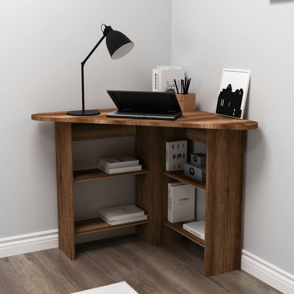 image 1 of Corner Computer Desk with Shelves | Brown | Light Walnut | 1