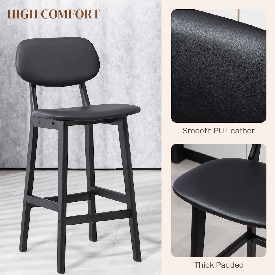 image 1 of HOMCOM Bar Stools Set of 2, Breakfast Bar Chairs, PU Leather Upholstered Kitchen Stools with Backs, Footrests and Solid Wood Legs, Black
