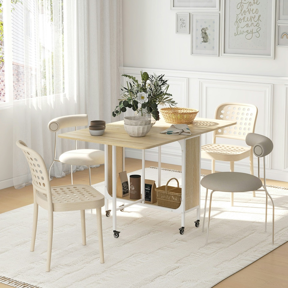 image 1 of HOMCOM Mobile Drop Leaf Dining Table on Wheels with Storage Shelf Natural