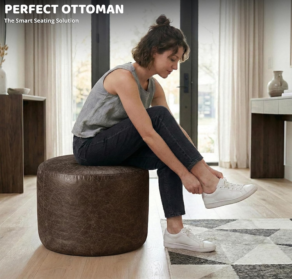 image 1 of Oval Shape PU Leather Footstool Bean Bag (Chocolate,40x30cm)