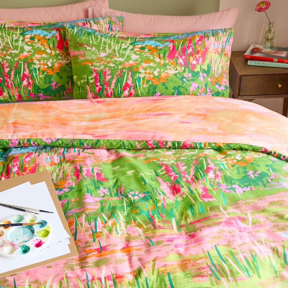 image 1 of Furn Meadow Escape Reversible Duvet Cover Set | Green | Green/Pink | Super King