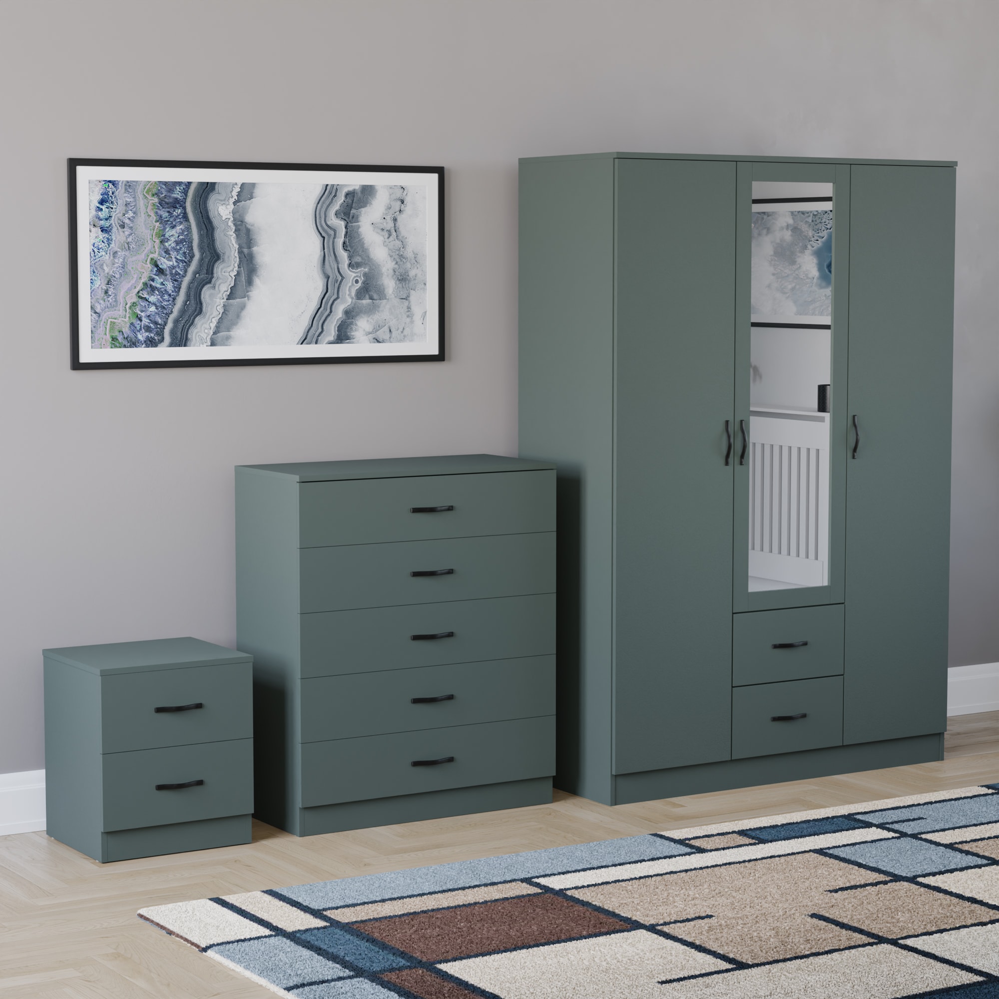 Vida Designs Riano 3 Piece Bedroom Set (2 Drawer Bedside Chest, 5 Drawer Chest, 3 Door 2 Drawer Mirrored Wardrobe) - Green