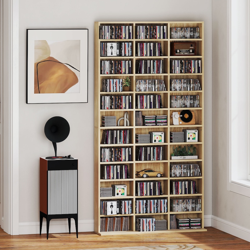 image 1 of HOMCOM 1116 CD/ 528 DVD Storage Unit, Media Storage Shelf, Wooden Display Unit with Adjustable Shelves, 102 x 195 cm, Oak Tone | White