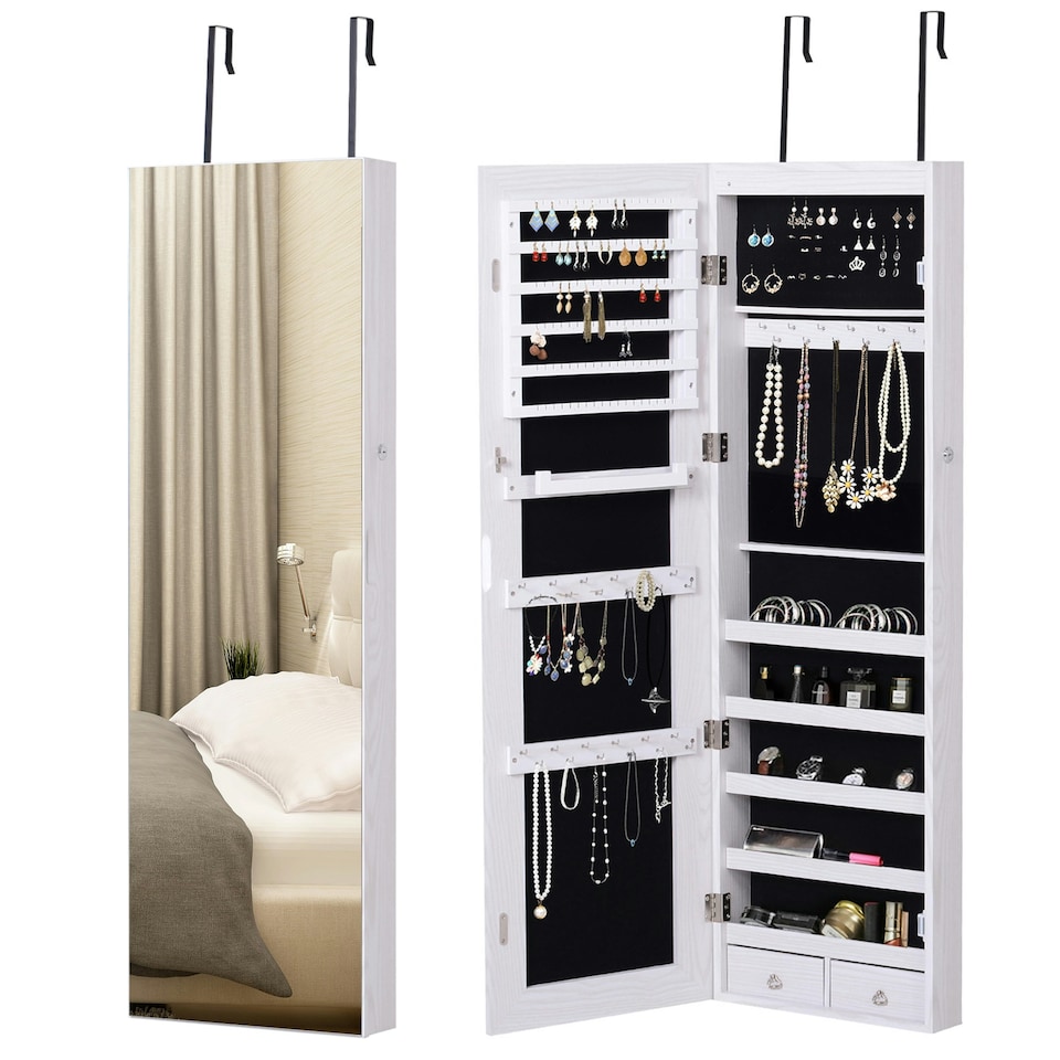 image 1 of HOMCOM Hanging Mirrored Jewel Storage Cabinet with Lock LED White