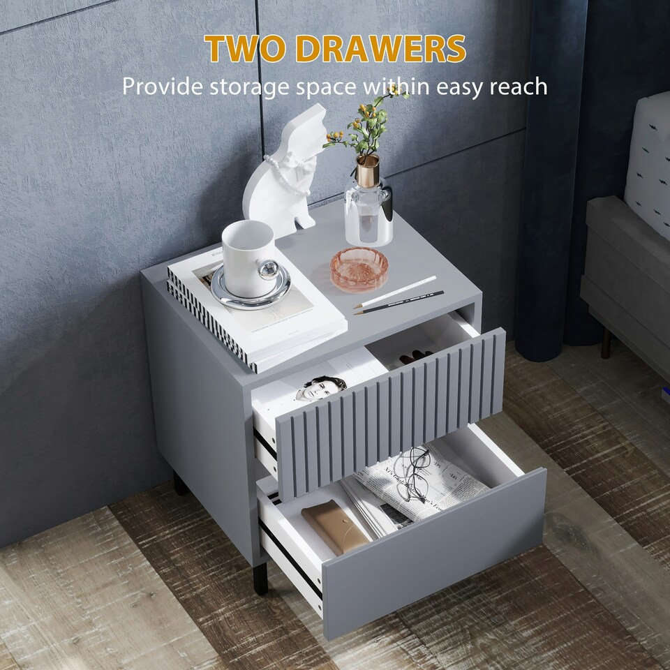 image 1 of HOMCOM Bedside Table with 2 Drawers and Steel Legs for Bedroom, Grey