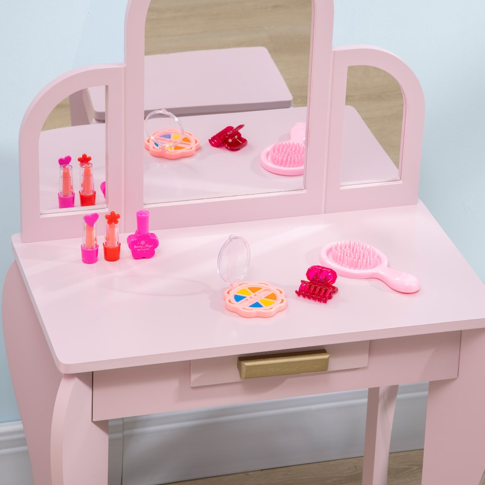 image 1 of HOMCOM Kids Dressing Table Set Kids Vanity Set w Drawer, Mirror - Pink | Pink