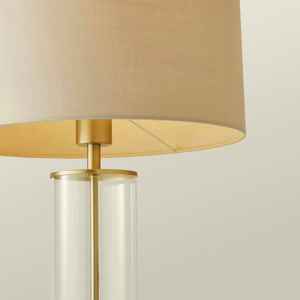 image 1 of ValueLights Contemporary Matt Gold & Clear Tube Table Lamp with a Beige Cylinder Shade - Complete with a 4w LED Globe Bulb 3000K Warm White Cream