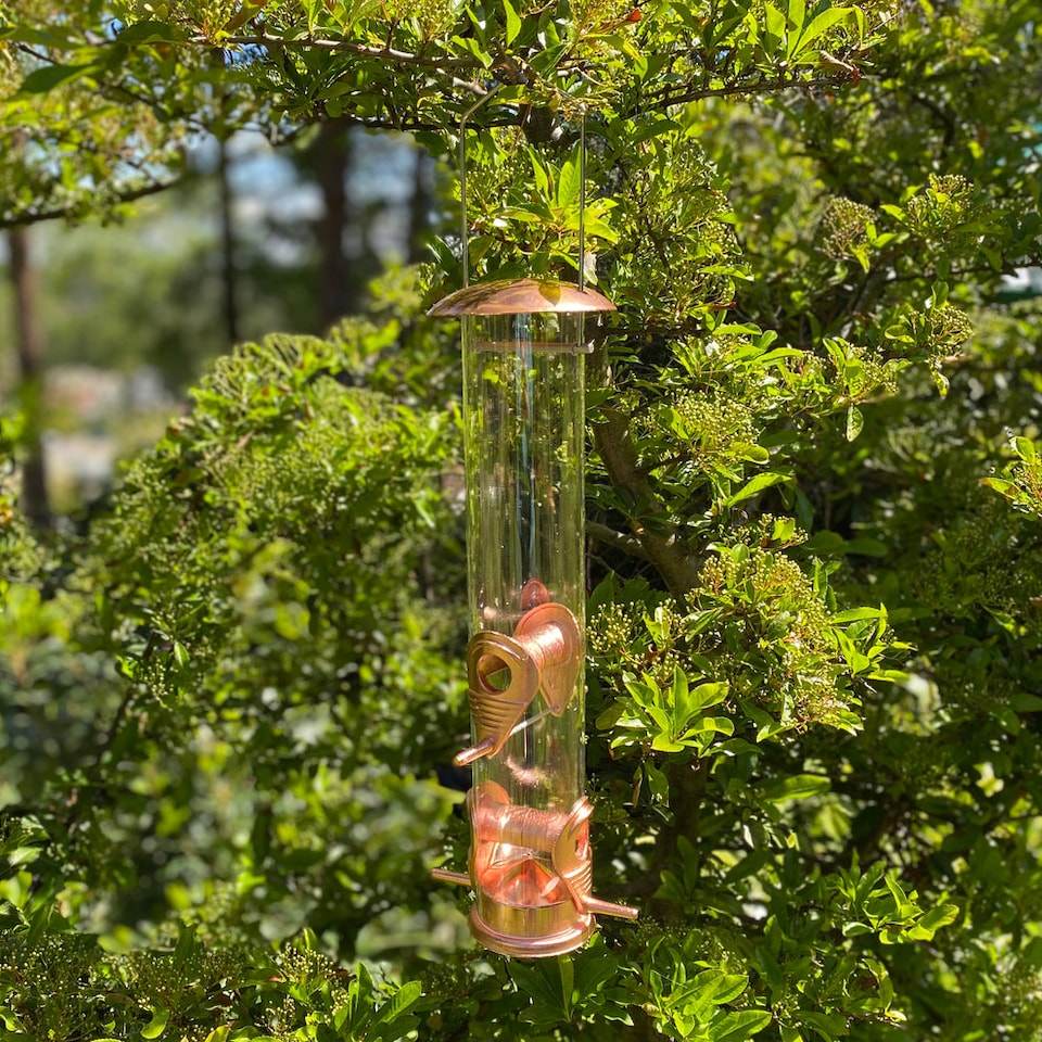 image 1 of Copper Style Hanging Bird Seed Feeder with 4 Feeding Ports