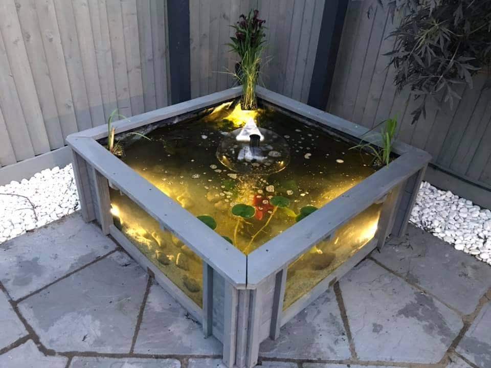 image 1 of Raised square pond with large windows Lotus Clear View Garden Aquarium in Grey