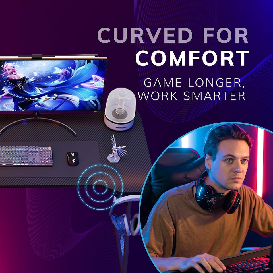 image 1 of House of Home Gaming Desk Carbon Fibre Finish Black 120cm Cup Holder, Headphone Hook | Black