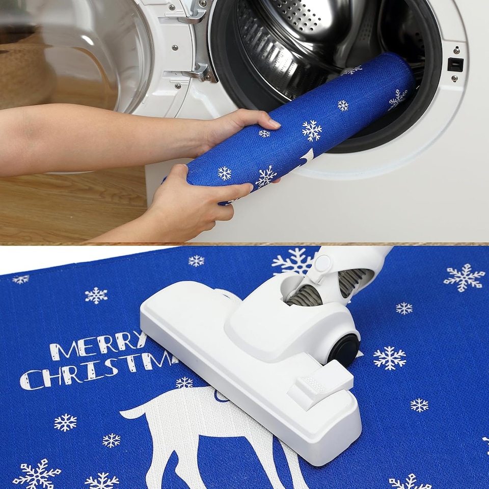 image 1 of London Boutique Christmas Doormat with Snowflake and Reindeer Print, Blue, 50 x 80 cm