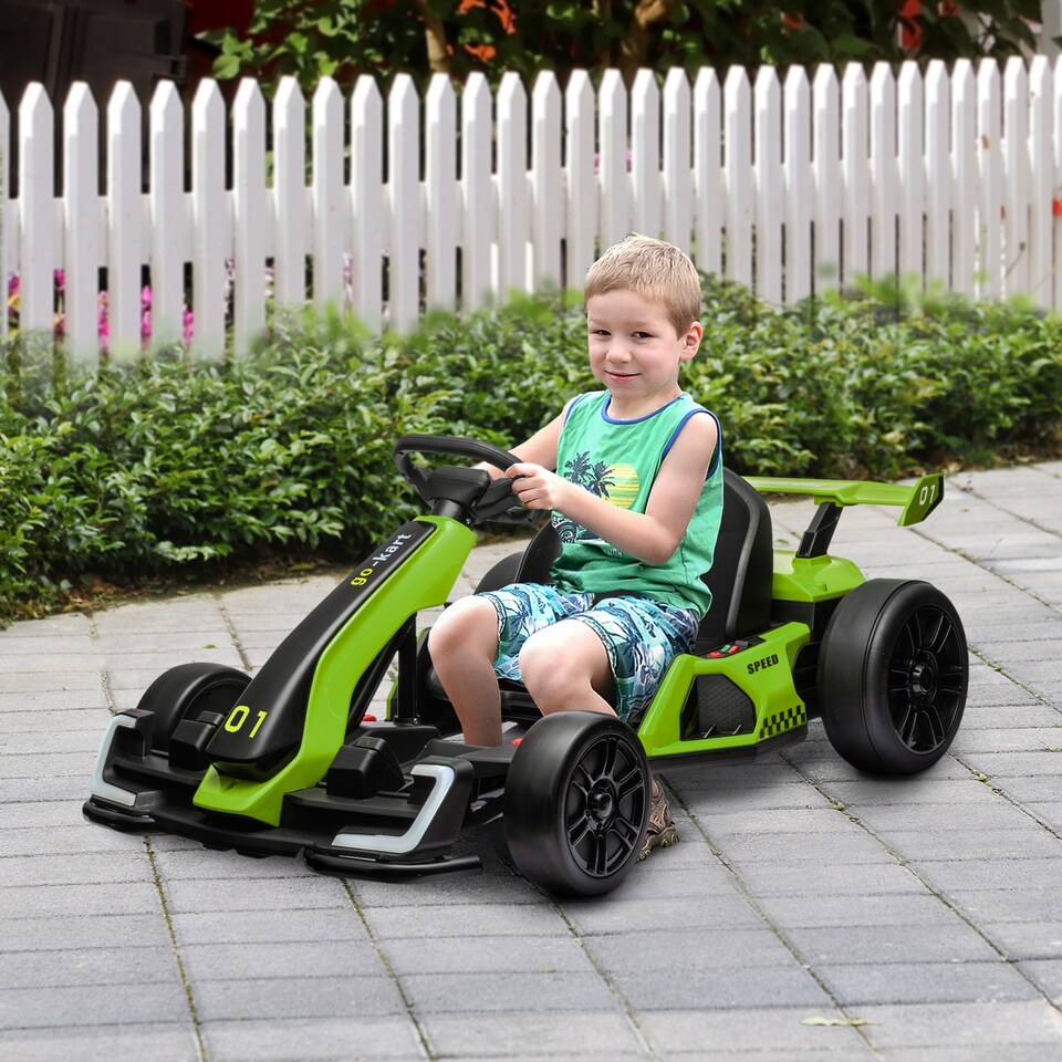image 1 of HOMCOM 24V Electric Go Kart for Kids, Ride On Racing Kart with Adjustable Seat, Battery Powered Drifting Ride On Car with Music, Light, Slow Start, Button Start, Horn, for 6-12 Years, Green